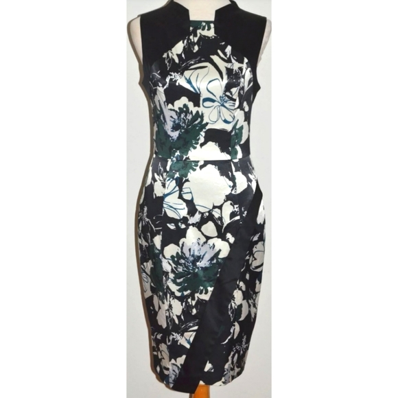 Cue Dresses & Skirts - CUE BLACK IVORY & GREEN SATIN FLORAL PENCIL DRESS